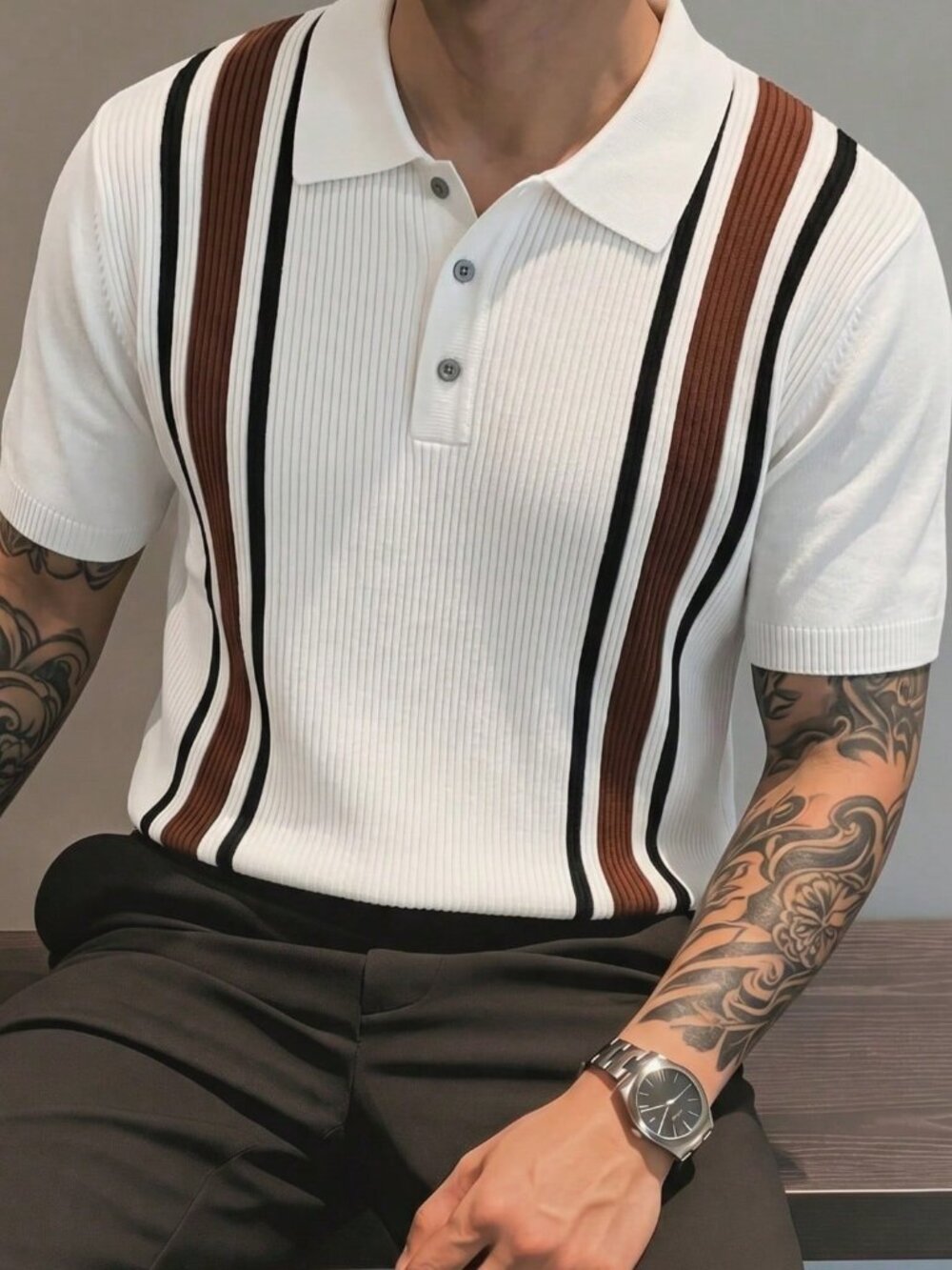 White Casual Men's Sports Regular Fit Striped Polo T-Shirt Top - Picture 2 of 5
